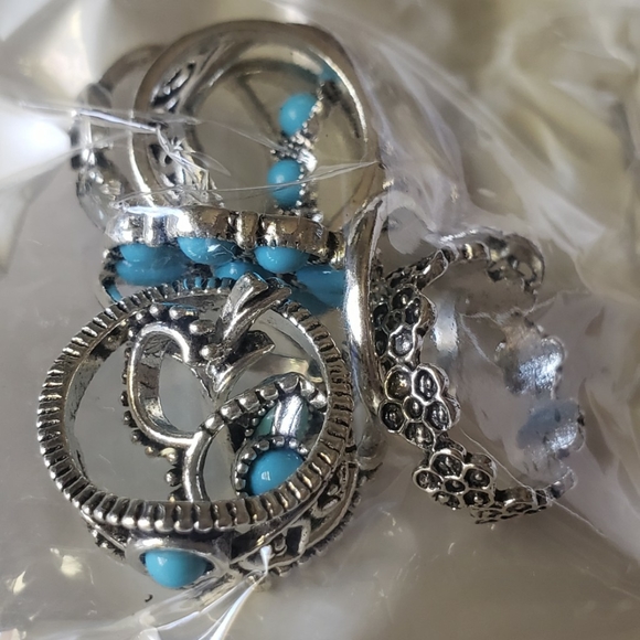 Silvertone Turquoise Opal Faux Lot of 40 Rings Boho Flower Fashion Ring GIFT New - Picture 13 of 15